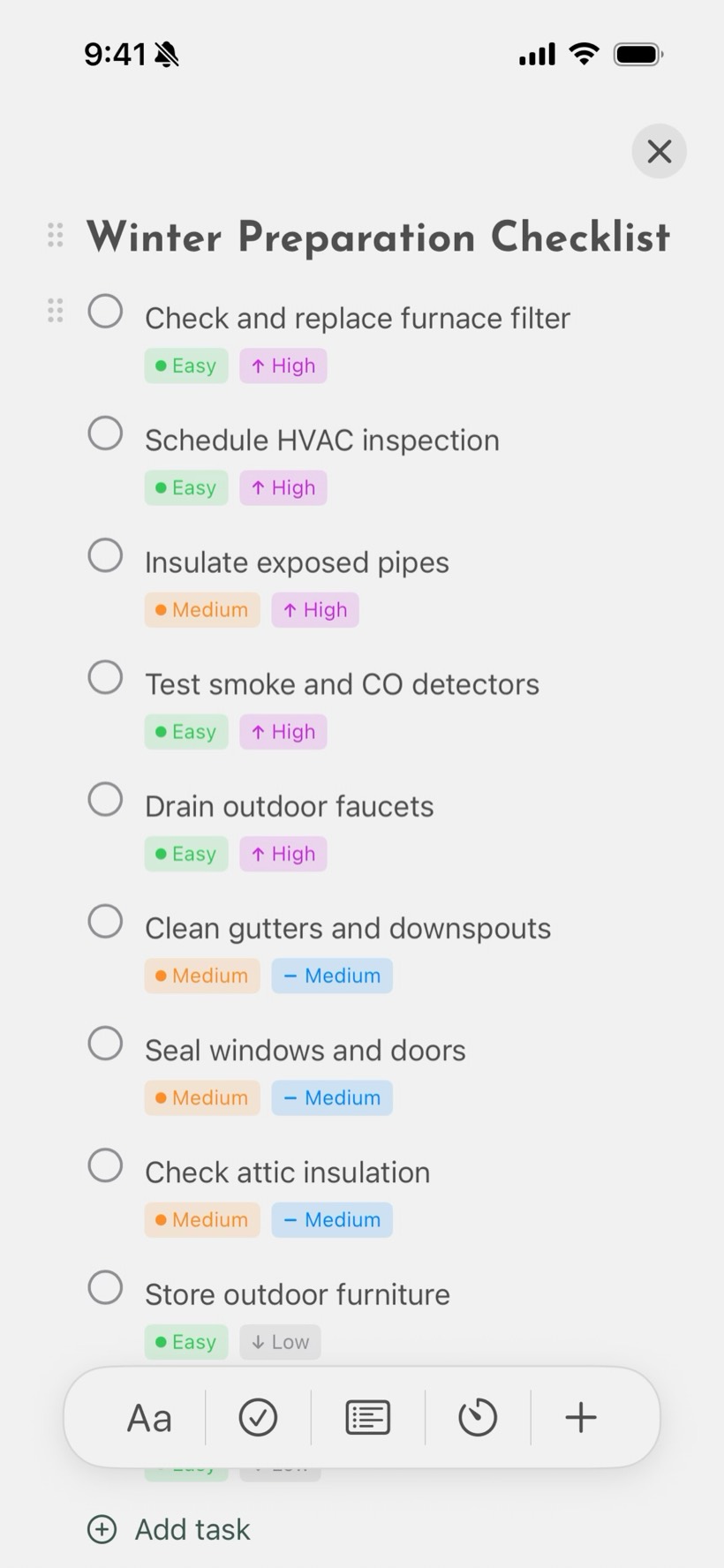 Personalized seasonal maintenance checklist with effort and priority tags